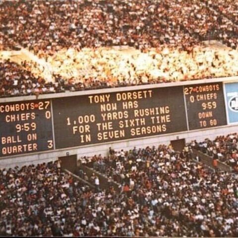 SHot of the TExas STadium scoreboard during the 1983 game between Kansas City and Dallas. Photo by Richard Paolinelli