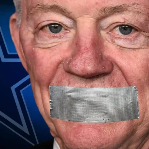 Older man with duct tape over his mouth in front of a blue background with a star pattern.