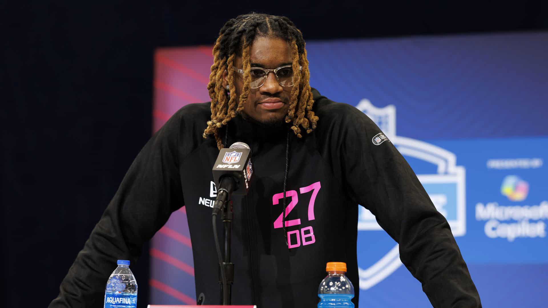 Shavon Revel Jr answering questions at the NFL Draft Combine. From College Standout to 2025 Secondary Phenom