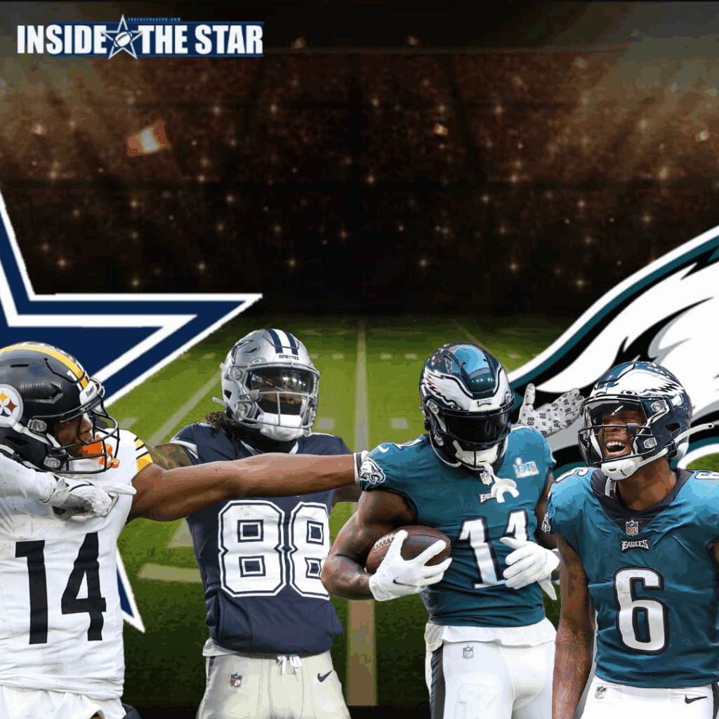 Four football players posing with the Dallas Cowboys and Philadelphia Eagles logo in the background Lamb & Pickens vs. Brown & Smith: Who's the NFL's Best Receiver Duo in 2025?
