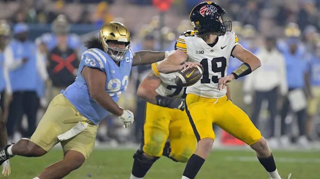 Dallas Cowboys defensive lineman Jay Toia playing for his college team, UCLA, and chasing after the quarterback for the University of Iowa. The Hidden Stat That Defines the 2025 Cowboys' Defense