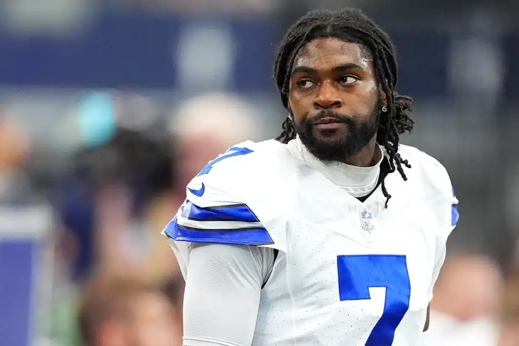 Dallas Cowboys cornerback Trevon Diggs in his white Cowboys uniform, not wearing a helmet. Leadership Under Fire: What Trevon Diggs' Absence Really Cost