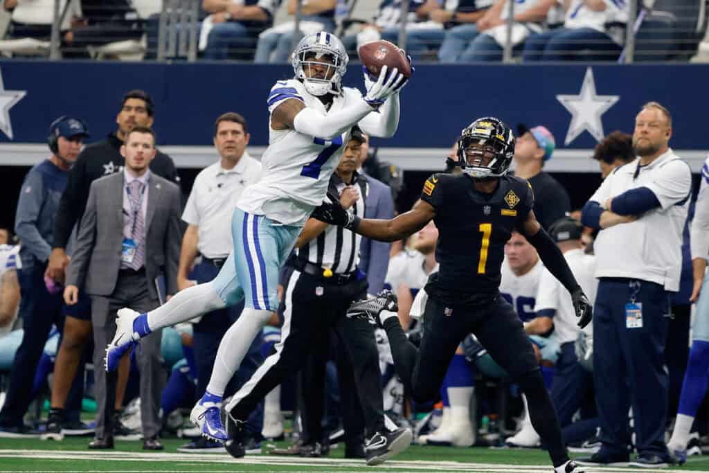 Dallas Cowboys cornerback Trevon Diggs jumping and intercepting a pass. Leadership Under Fire: What Trevon Diggs' Absence Really Cost