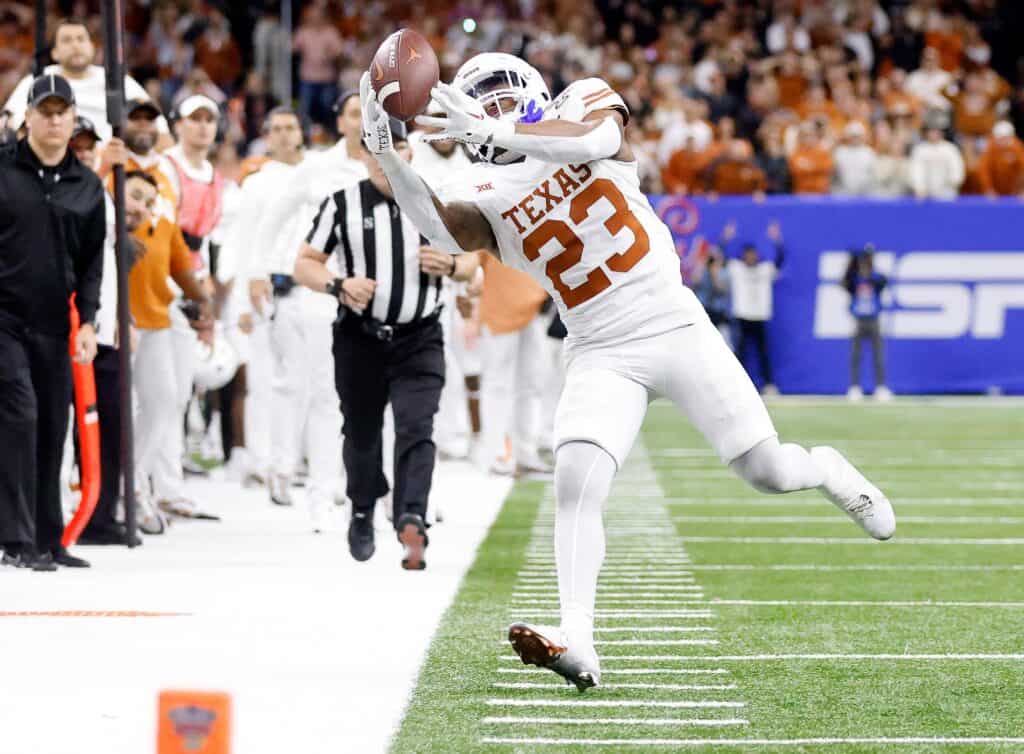 Dallas Cowboys running back Jaydon Blue catching a pass as a Texas Longhorn. Cowboys 2025 Rookie Drawing Comparisons to Big Time Players