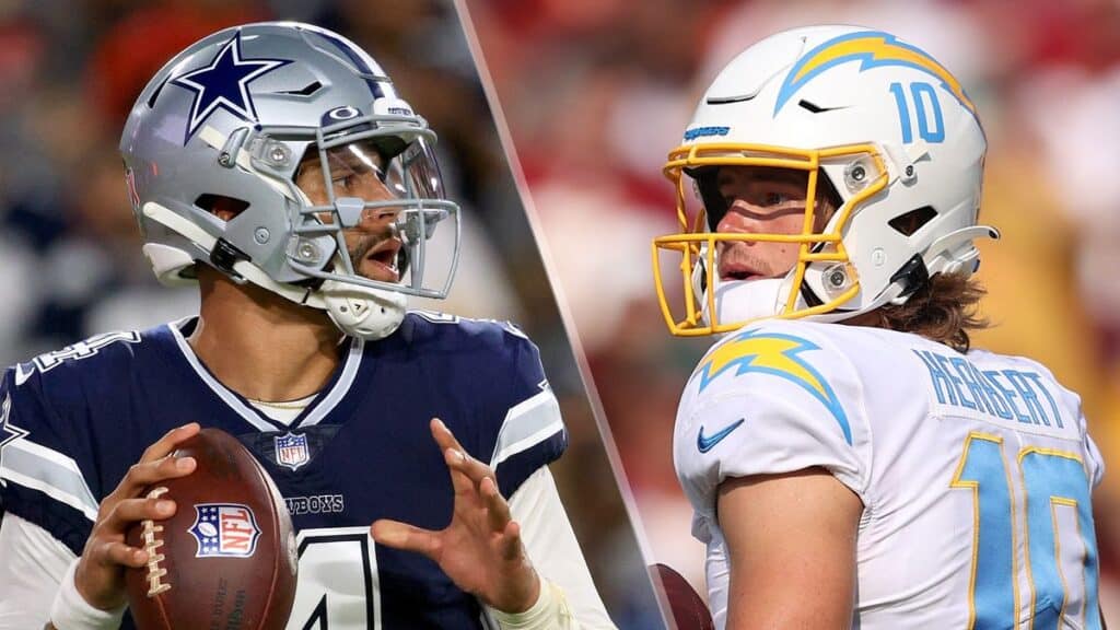Dallas Cowboys Quarterback Dak Prescott and Los Angeles Chargers quarterback Justin Herbert in a side by side photo. The Ultimate Dallas Cowboys 2025 Schedule Breakdown: Weeks 15-18