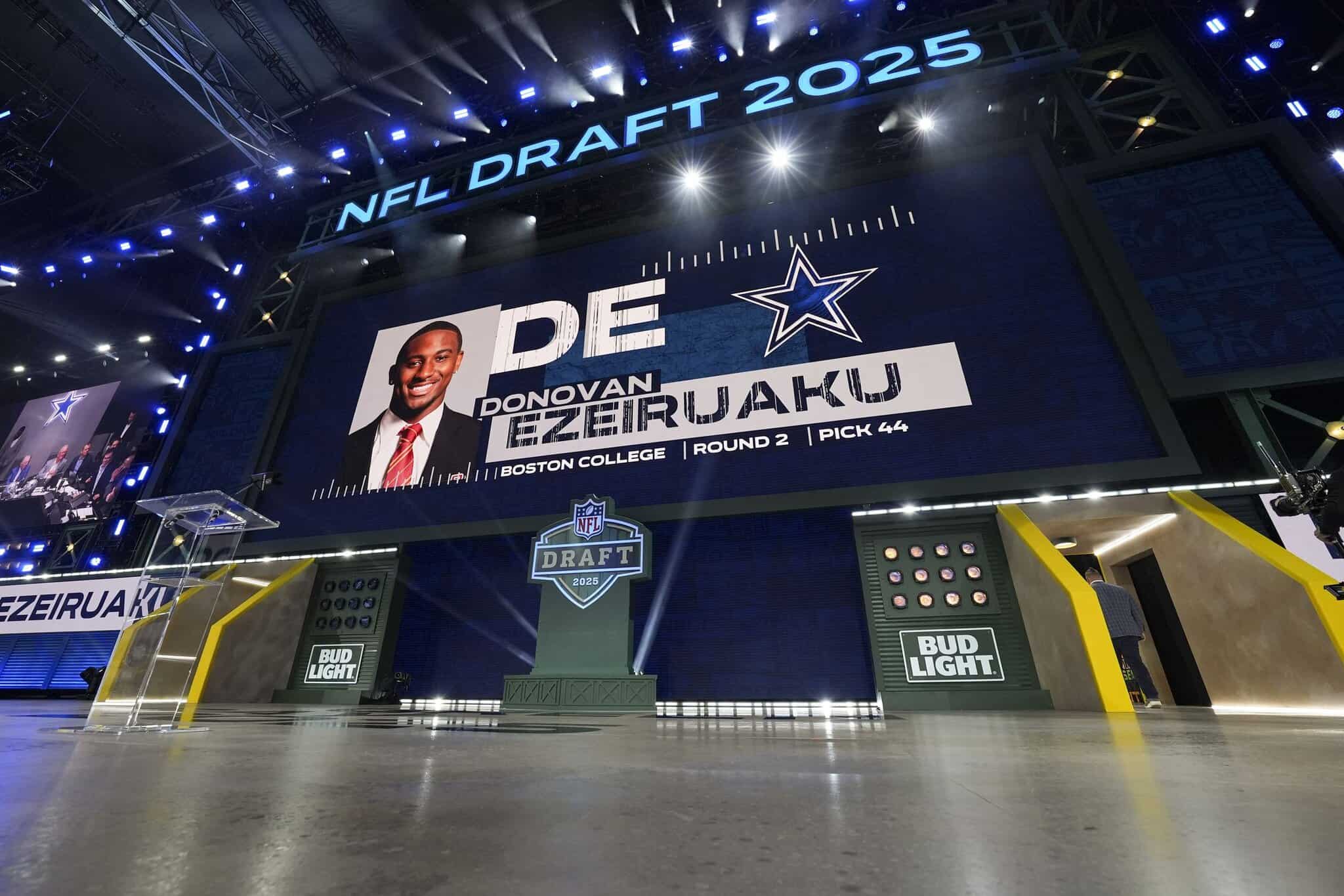 2025 NFL Draft stage with Donovan Ezeiruaku name and picture on the big screen. Cowboys 2025 Rookie Class Poised for Big Impacts