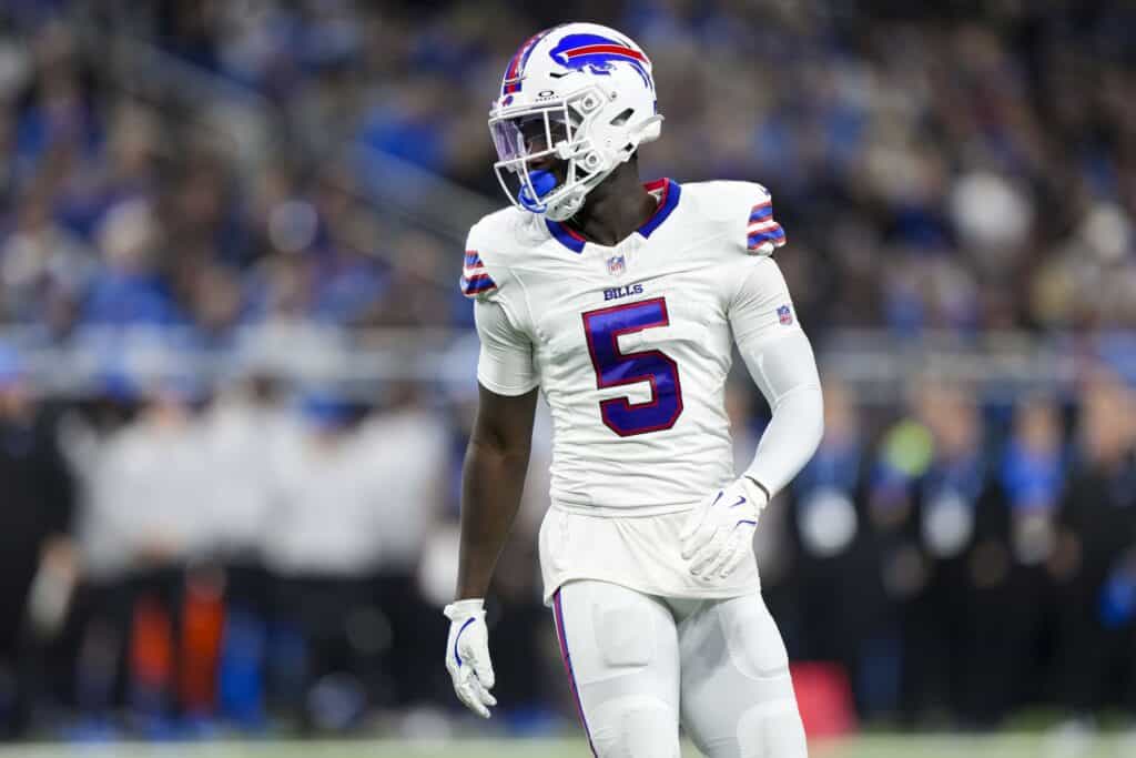 Dallas Cowboys cornerback Kaiir Elam on the field for his previous team the Buffalo Bills. 3 Cowboys Dark Horses Candidates Turning Heads at Camp